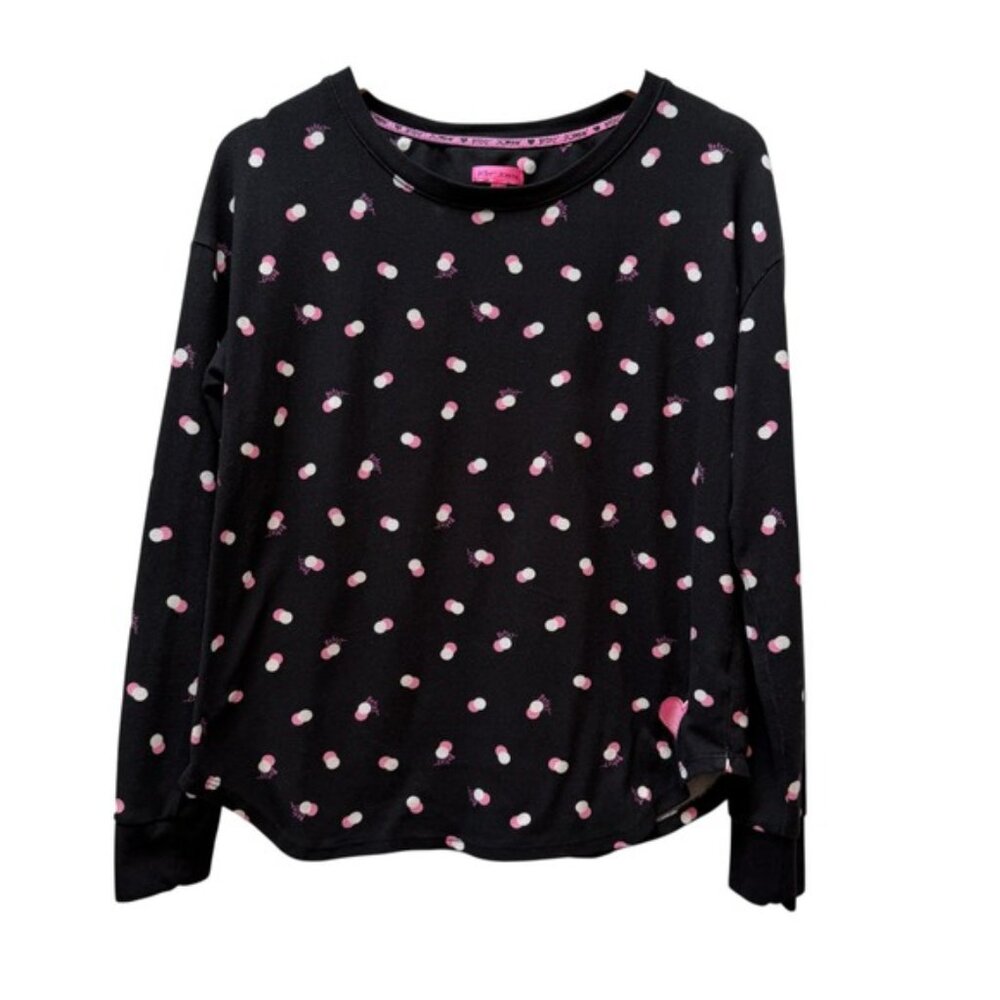 Betsey Johnson Black Pink White Polka Dot Heart Embroidered Long Sleeve Top Sz S